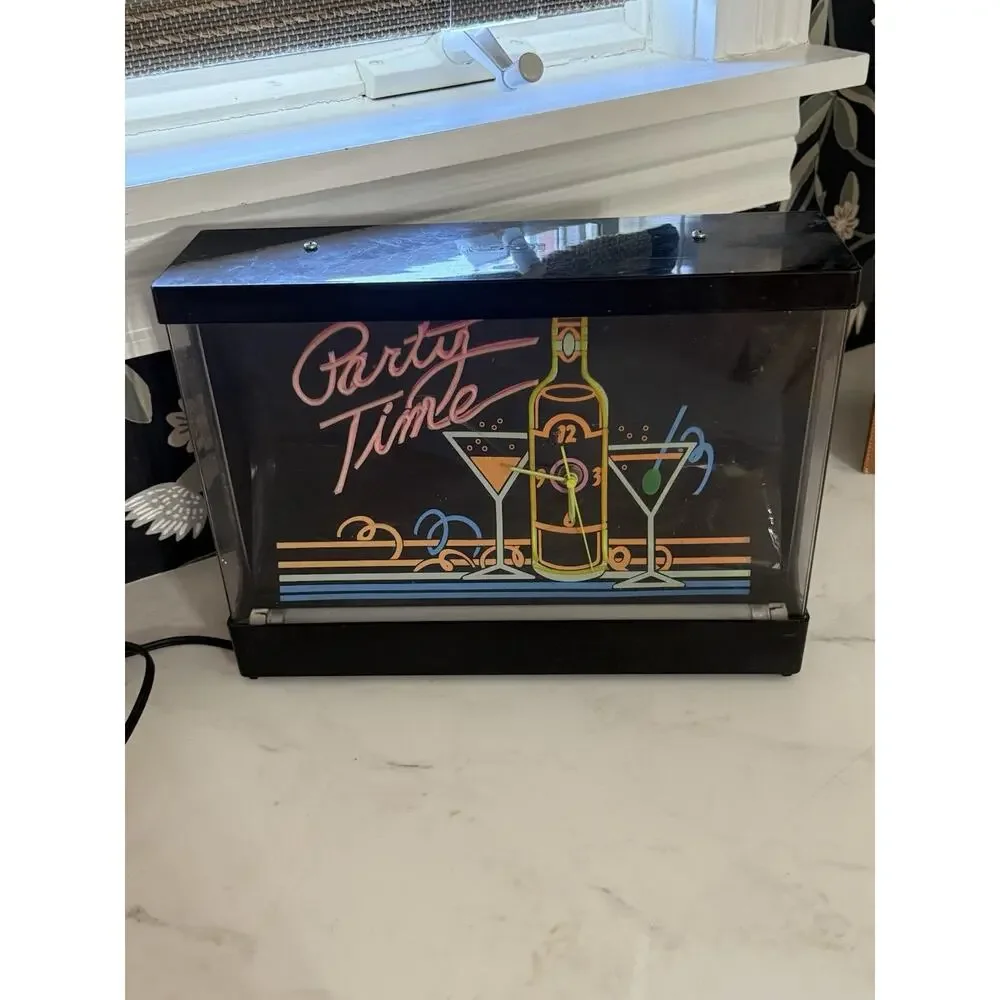 1980’s Neon Clock Party Time Black Light Works Clock Does Not Work